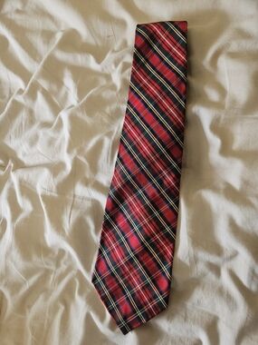 J. Crew Red And Green Tartan Plaid Silk Tie with Navy and Yellow Stripes
